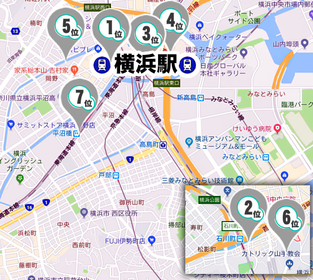 横浜のマッサージ店分布地図 マッサージ 整体